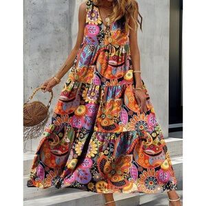 Boho Colorful Floral Tropical Print V neck Sleeve Maxi Dress
